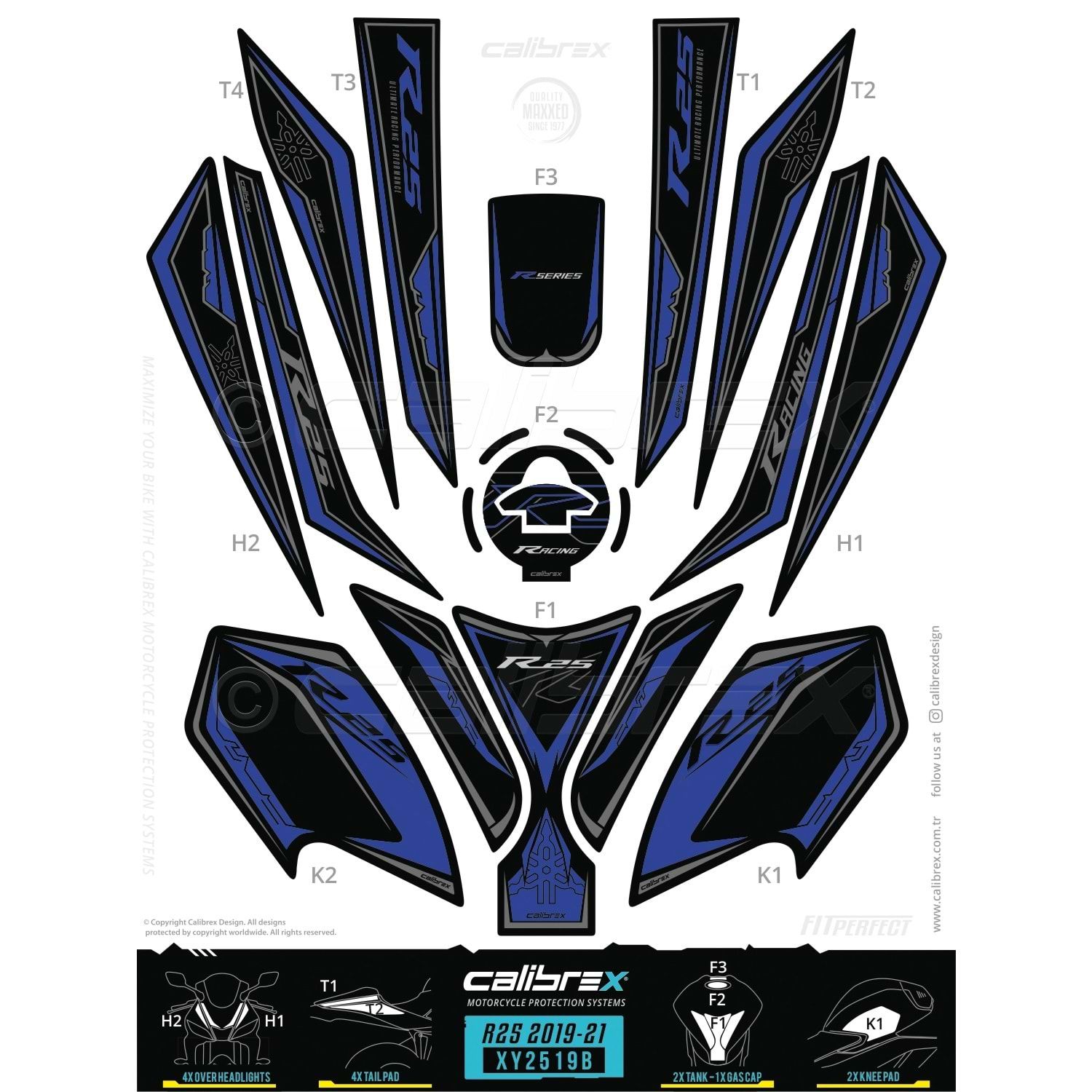 Yzf R25 2019-24 Mavi Tank Pad Seti 15 Parça