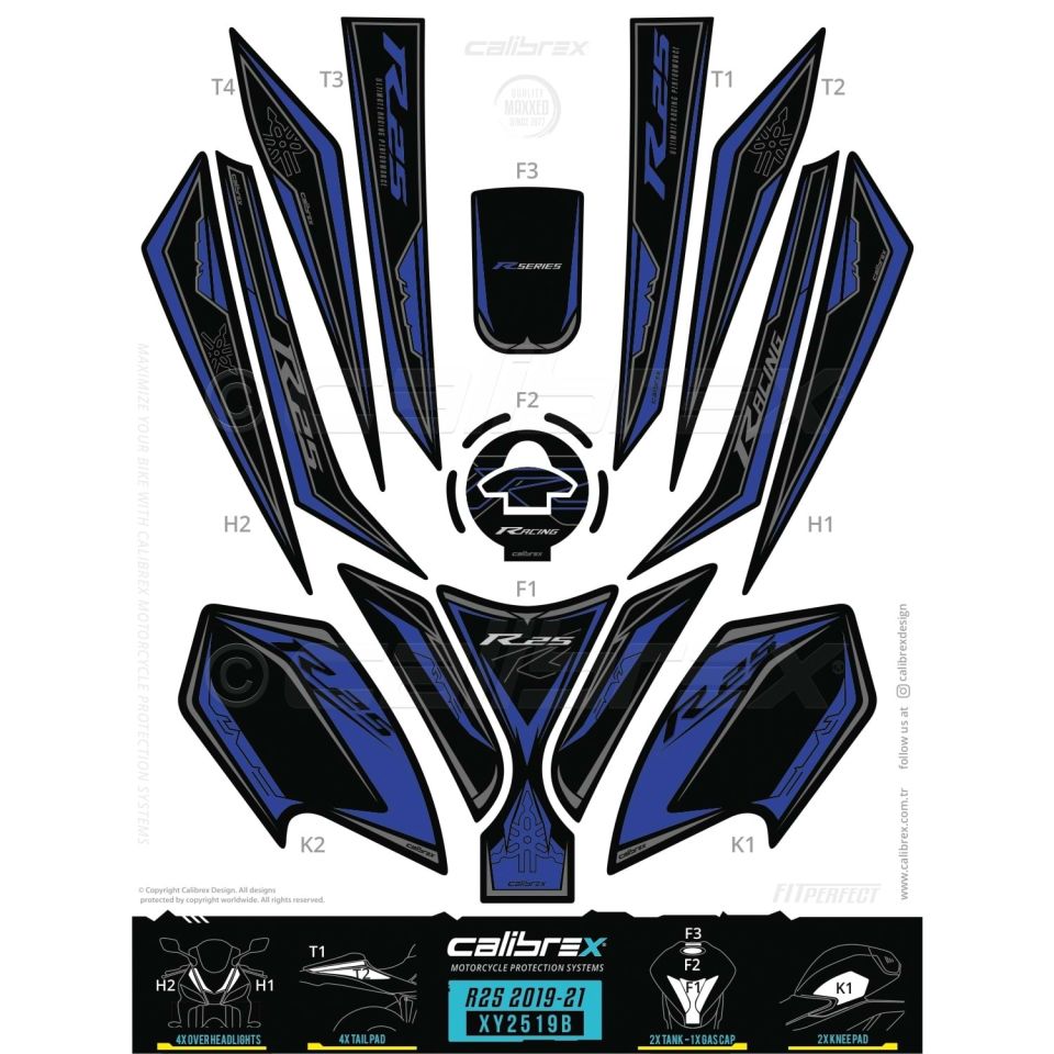 Yzf R25 2019-24 Mavi Tank Pad Seti 15 Parça