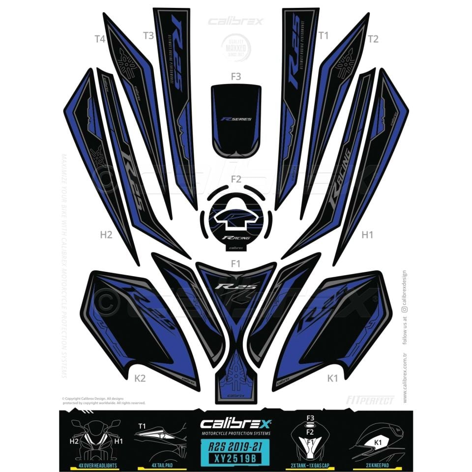 Yzf R25 2019-24 Mavi Tank Pad Seti 15 Parça